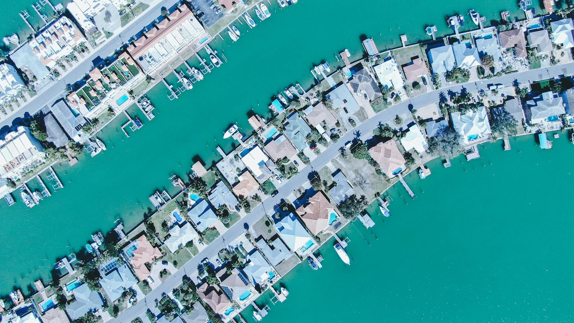 South Florida coastal neighborhood aerial view with waterways